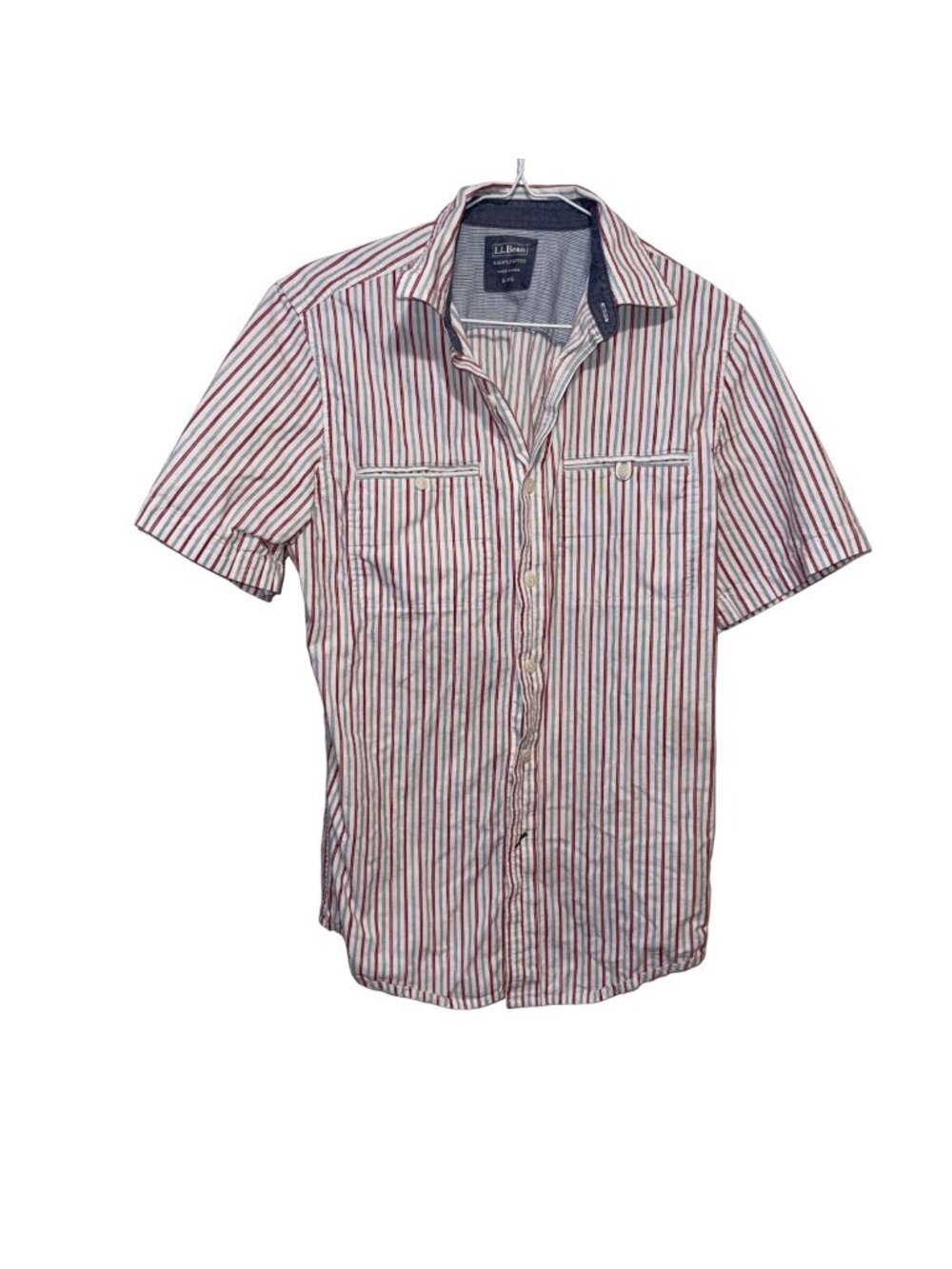 L.L. Bean Mens Fitted Short Sleeve Button-Down Shirt S-REG Red & Blue Striped
